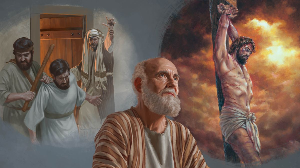 Collage: 1. The apostle Paul meditating. 2. He recalls an incident from years earlier when he commanded an officer to drag a Christian man out of his home. 3. He meditates on Jesus’ death on a torture stake.