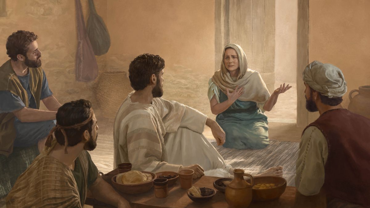 A Phoenician woman on her knees, begging Jesus for help. Jesus and three of his disciples listen to her as they sit at a dining table.
