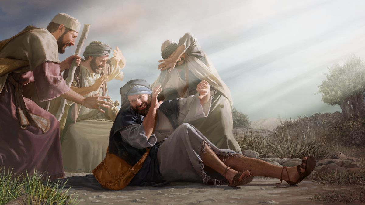 Saul of Tarsus and his traveling companions shielding their eyes from the intense light that flashes from heaven. Saul falls to the ground as he is blinded.