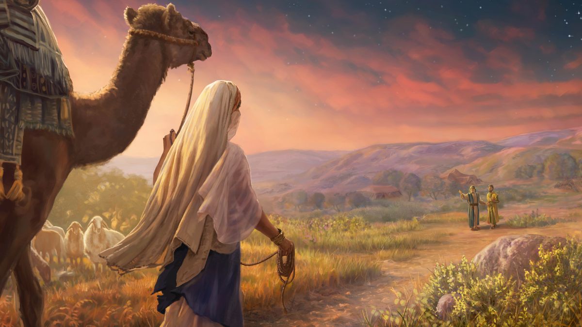 Rebekah walking to meet Isaac. She is wearing a veil and leading a camel as she sees Isaac standing in the distance with Eliezer.