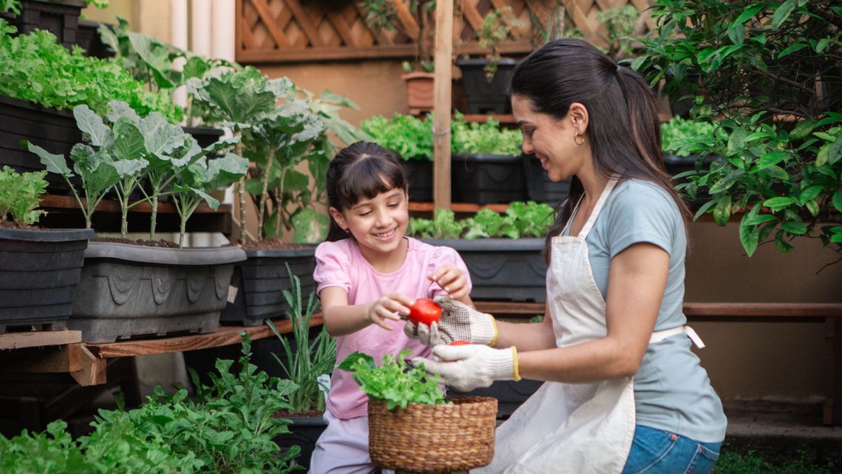 A mother helps her young daughter fill a basket with fresh vegetables from their garden.