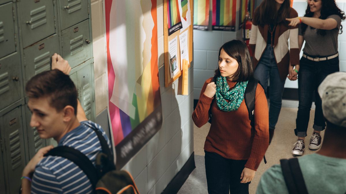 The sister walking down a hallway at school glances at a poster that promotes homosexual lifestyles. Behind her, two female students wearing rainbow bracelets are walking hand in hand.