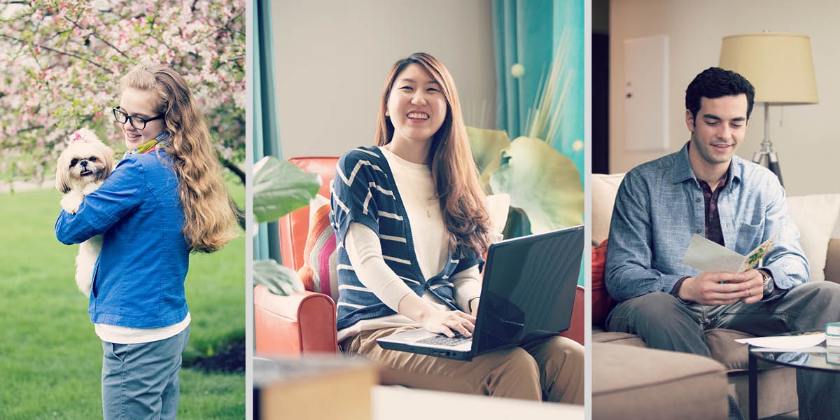 A girl with a pet dog, a woman with a computer, a man with a handmade anniversary card