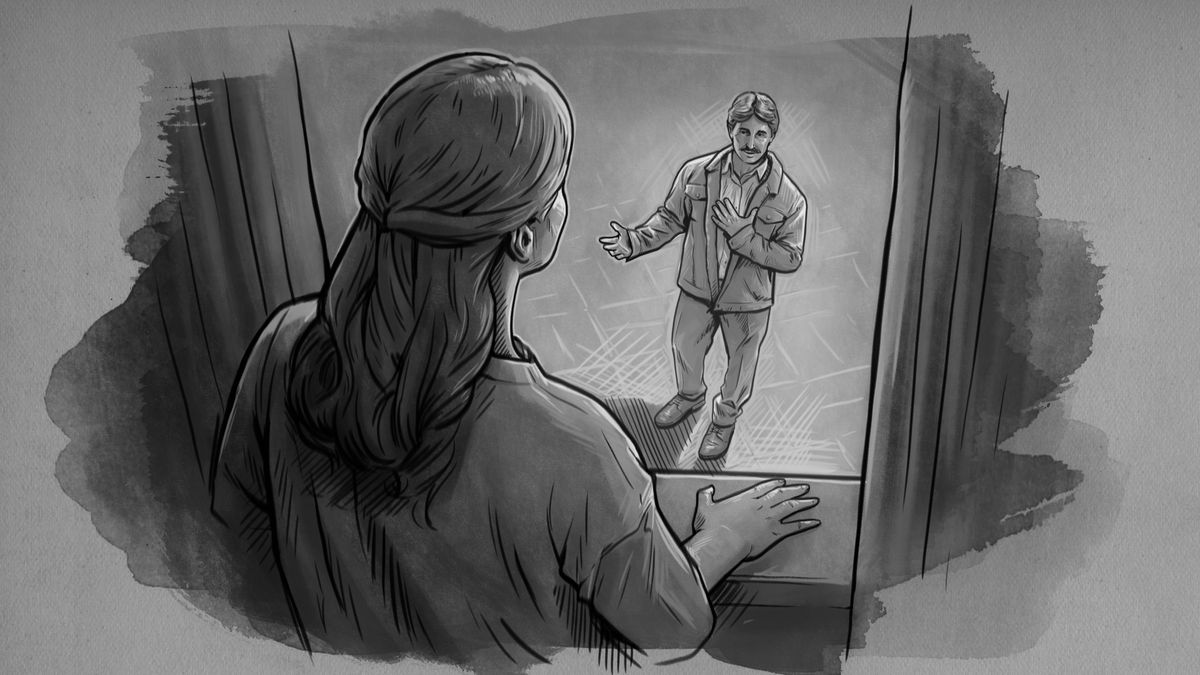 Dibujo de Virgilijus visitando a su esposa, Lidia. Él está hablándole desde afuera del hospital, y ella lo está escuchando desde la ventana de su habitación.