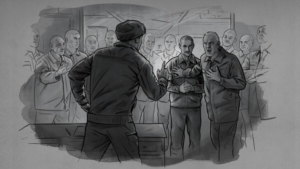 Dibujo de Virgilijus de pie detrás de otro preso que está discutiendo con uno de los encargados de la cárcel. Hay otros presos alrededor de ellos viendo la discusión.
