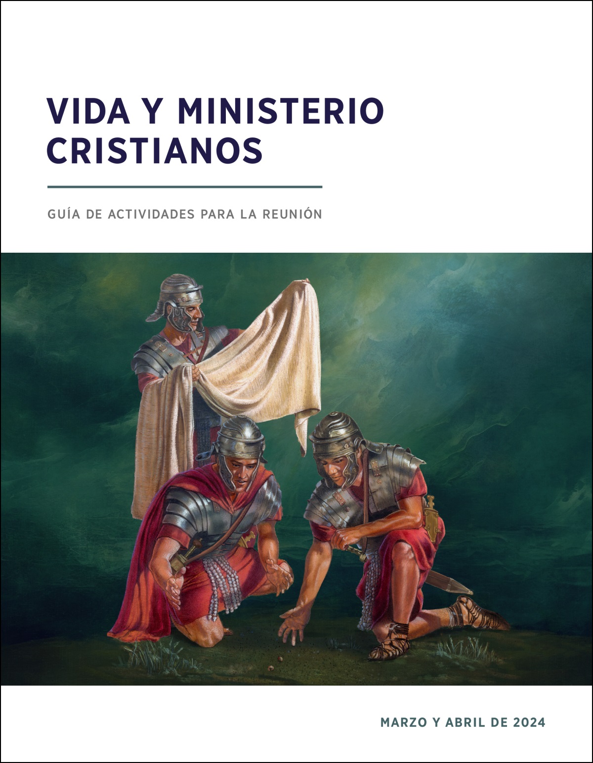 Un soldado romano inspecciona las prendas de vestir de Jesús. Otros dos soldados echan suertes para repartírselas.