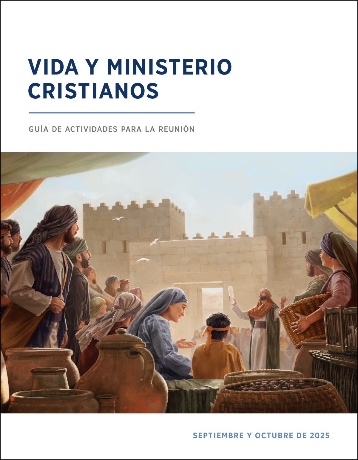 Junto a la puerta de la ciudad, un grupo de israelitas presta atención a un sacerdote que tiene un rollo en la mano.