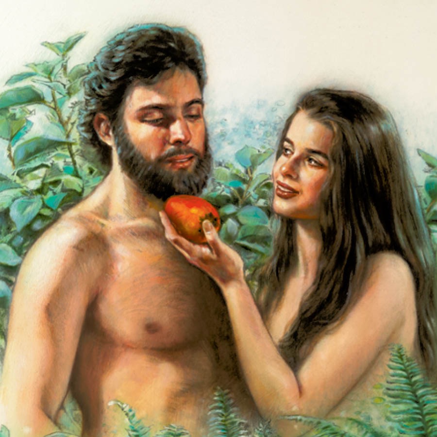 Eva le da el fruto prohibido a Adán