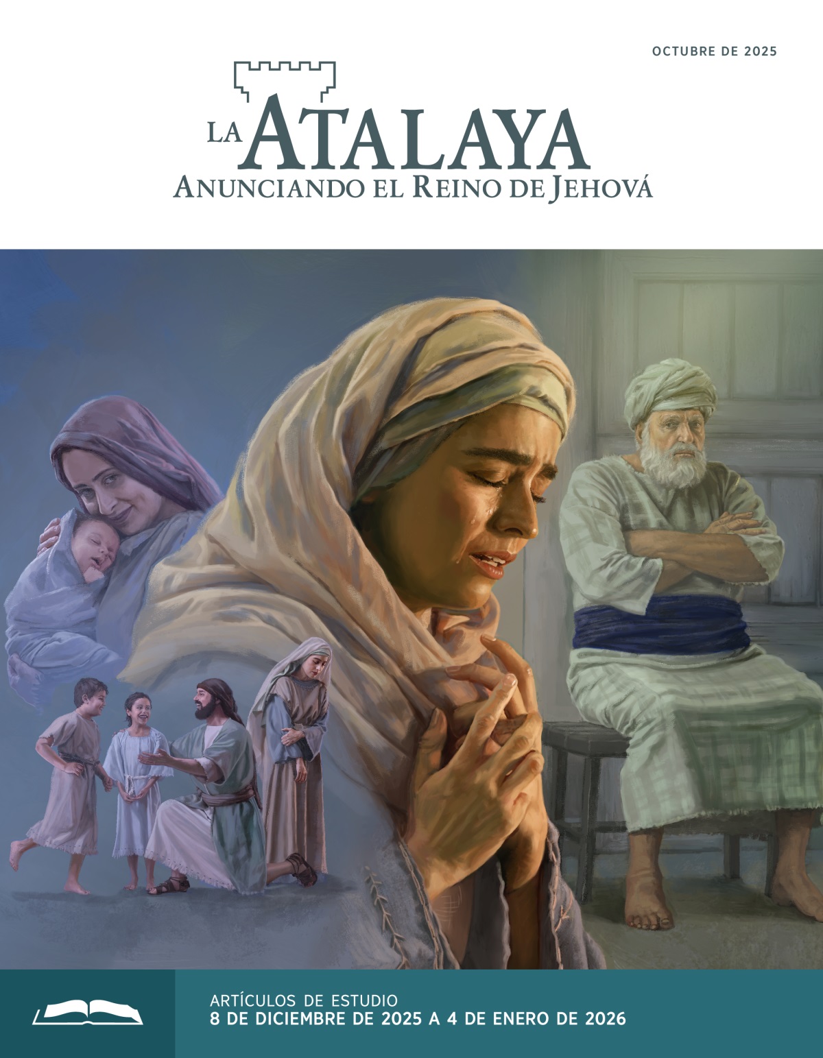 Serie de imágenes: 1. Ana, llena de dolor, aparta la mirada mientras Elcaná juega con dos de sus hijos. 2. Peniná mece sonriente en sus brazos a su recién nacido. 3. Ana orando intensamente entre lágrimas. 4. El sumo sacerdote Elí está sentado de brazos cruzados y observa a Ana.