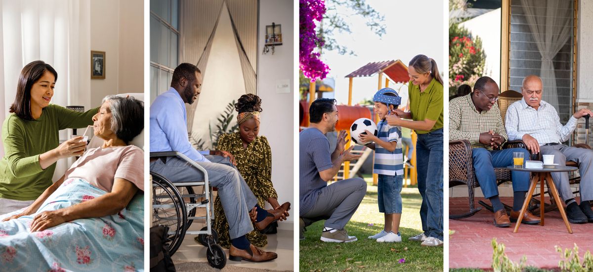 Imágenes de cuidadores en diferentes circunstancias. 1. Una hermana da de comer a su madre, que es de edad avanzada y no puede levantarse de la cama. 2. Una hermana le pone los zapatos a su esposo, que está en silla de ruedas. 3. Una hermana le pone un casco especial a su pequeño hijo, que va a jugar fútbol con su padre. 4. Un hermano ha ido a casa de su padre, que es de edad avanzada, para visitarlo y orar con él.
