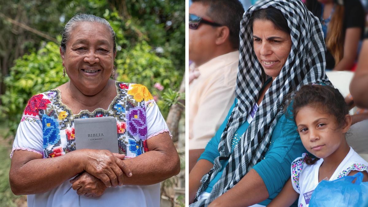 Serie de imágenes: 1. Una hermana indígena de América posa sonriente con una Biblia en su idioma en sus brazos. 2. Una hermana y su hija romaníes asisten a una asamblea.