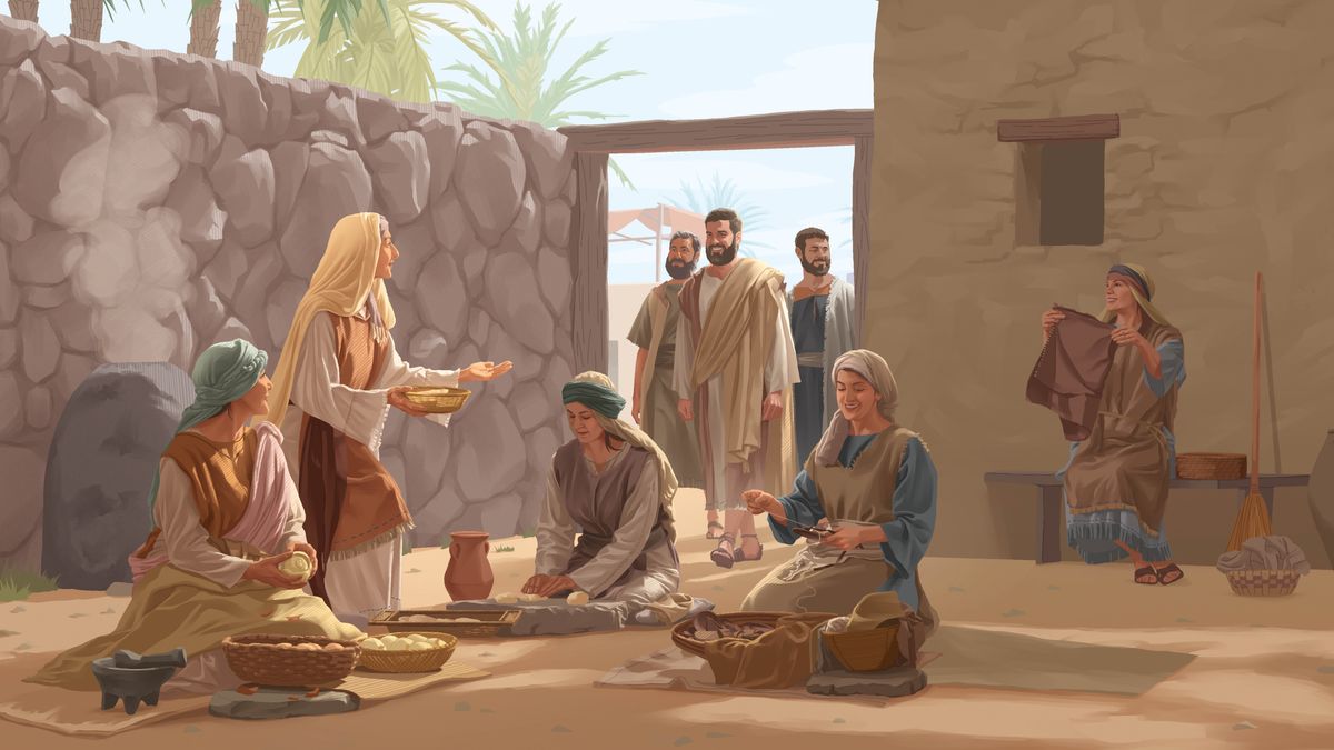 En la casa de María Magdalena, ella les da la bienvenida a Jesús y a dos de sus apóstoles cuando entran. Otras mujeres están muy alegres haciendo pan y cosiendo ropa.