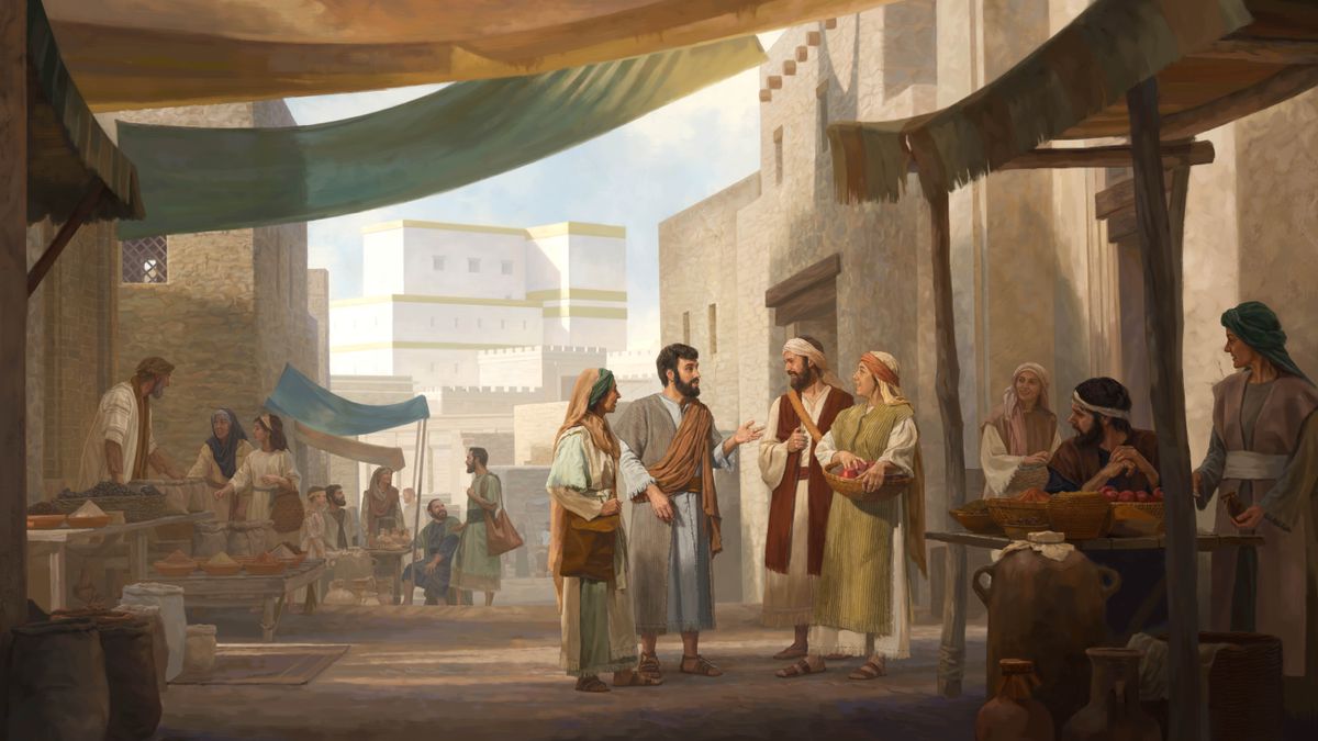 Un matrimonio cristiano del siglo primero predicándoles a un hombre y una mujer en un mercado lleno de gente. Al fondo, está el templo de Jerusalén.