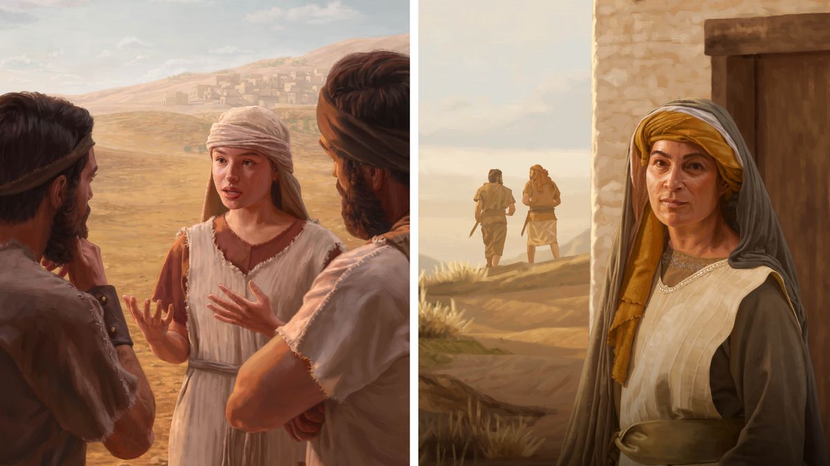 Imágenes de dos mujeres anónimas que, con valor, ayudaron a proteger al rey David. 1. Una sierva habla con dos hombres que servían a David. 2. La mujer que escondió a los dos siervos de David en el pozo de su esposo medita mientras ve a los dos hombres irse de su casa caminando.