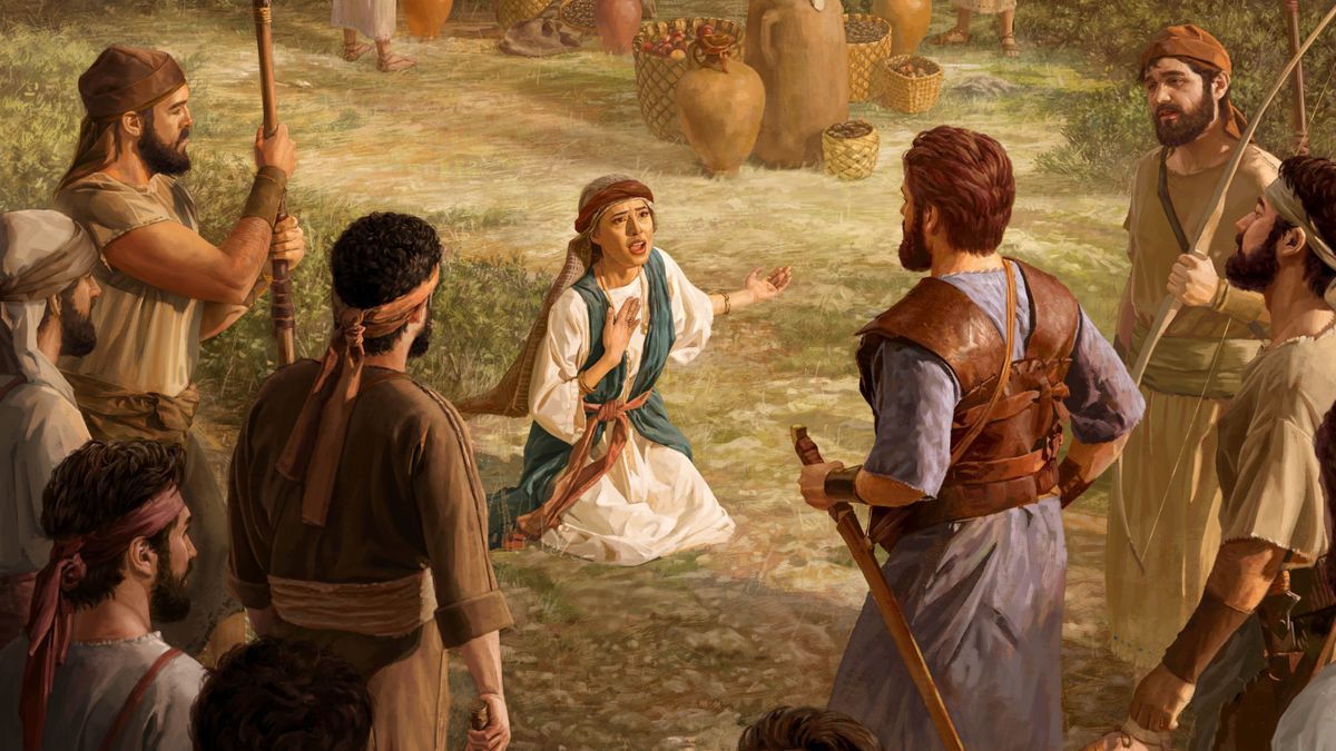 Abigaíl, arrodillada, suplicándoles a David y a sus hombres. Detrás de ella, hay alimentos y jarras de vino.