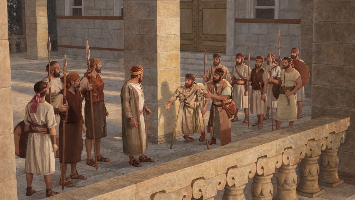 Mefibóset, con una apariencia descuidada, hablando con David y sus soldados. Un hombre lo sujeta del brazo para ayudarle a mantenerse de pie.