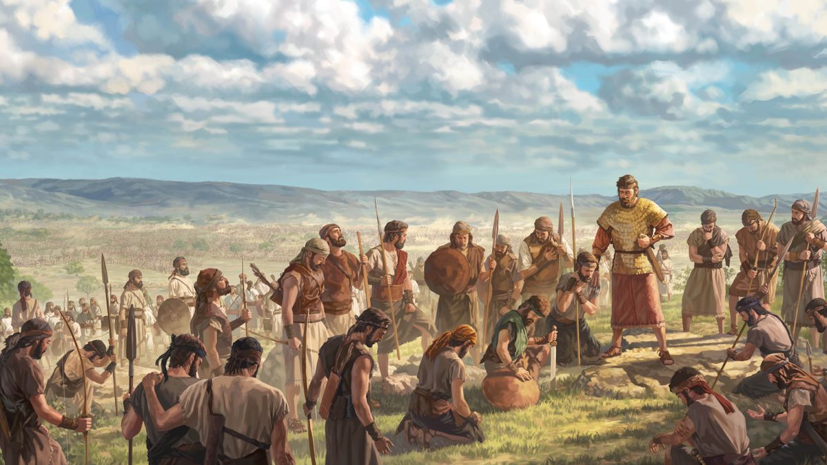 El rey Asá y sus hombres orándole a Jehová en la cima de una montaña. Abajo, a lo lejos, se ve al enorme ejército de los etíopes que se acerca como un enjambre.
