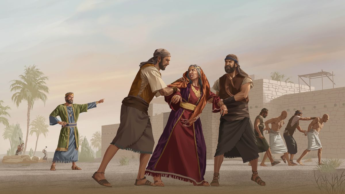 El rey Asá eliminando la religión falsa que había en Judá. Maacá forcejeando mientras unos soldados la arrestan. Otros soldados se llevan presos a los prostitutos de templo. Unos hombres derriban ídolos.