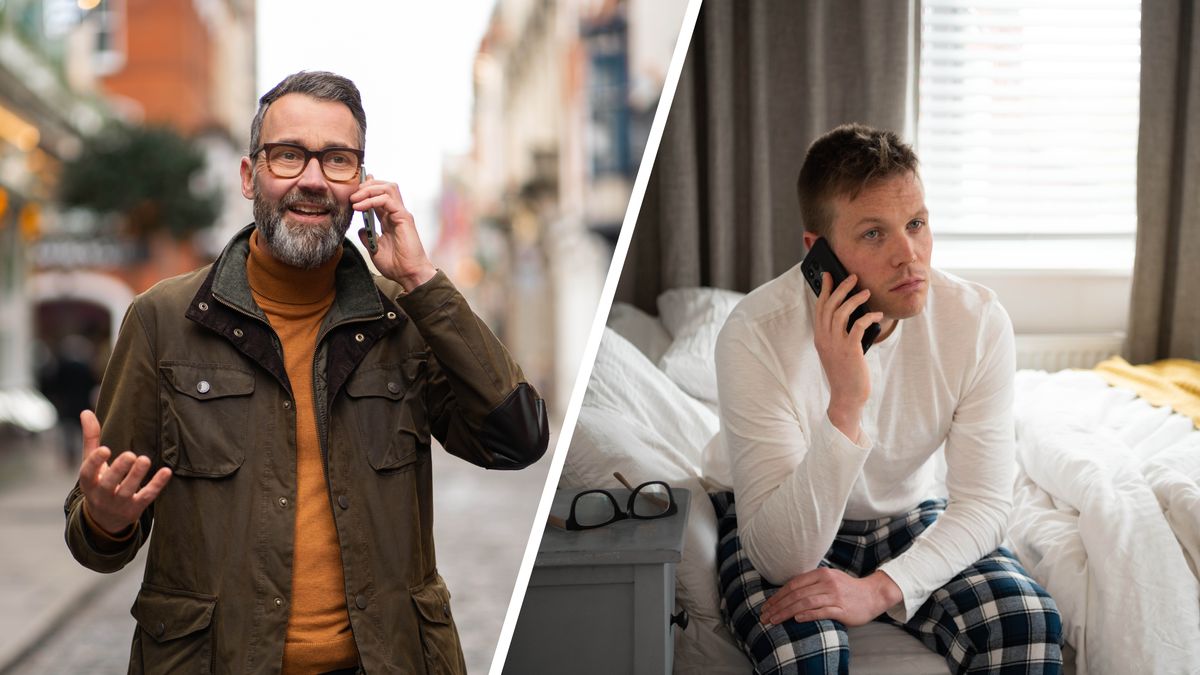 Serie de imágenes: 1. El hermano llama por teléfono al hermano joven desanimado. 2. El joven contesta la llamada desde su cama.