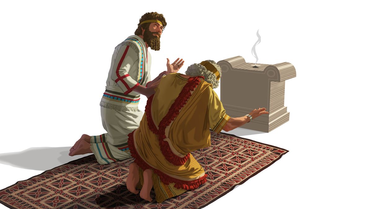 Naamán y el rey de Siria, que era muy mayor, arrodillados frente a un altar con incienso. Mientras el rey se inclina para adorar a su dios falso, Naamán aparta la vista del altar y mira hacia arriba.