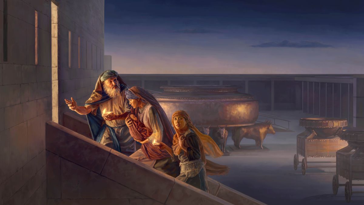De noche y a escondidas, el sumo sacerdote Jehoiadá lleva a Jehoseba y a una nodriza al interior del templo. Jehoseba lleva a Jehoás, que tan solo es un bebé.
