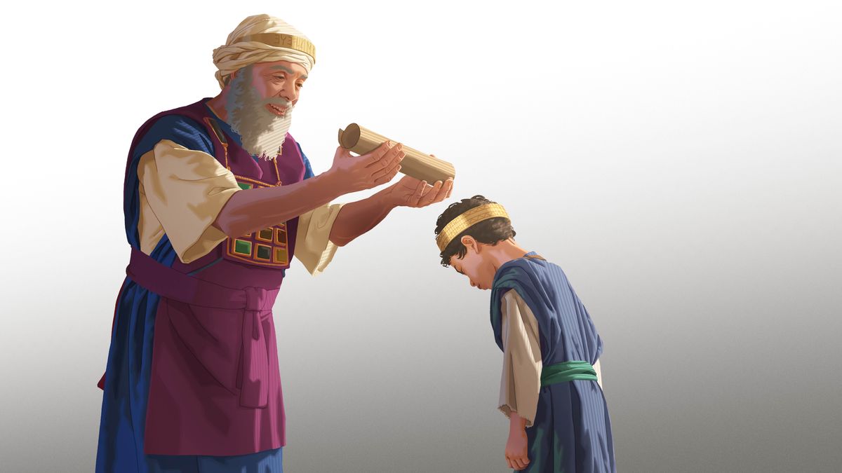 El sumo sacerdote Jehoiadá pone un rollo sobre la cabeza del pequeño rey Jehoás.