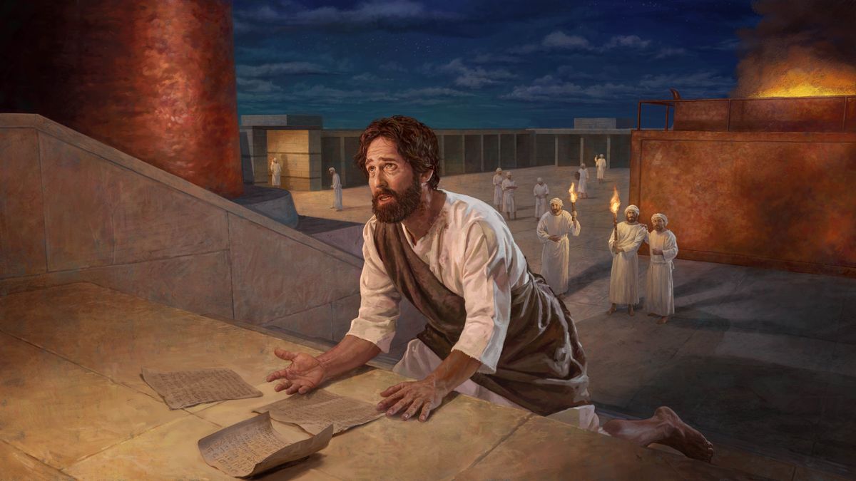 Ezequías, arrodillado en las escaleras del templo con las cartas de Senaquerib enfrente de él, le suplica a Jehová su ayuda. Desde la distancia, algunos sacerdotes lo miran.