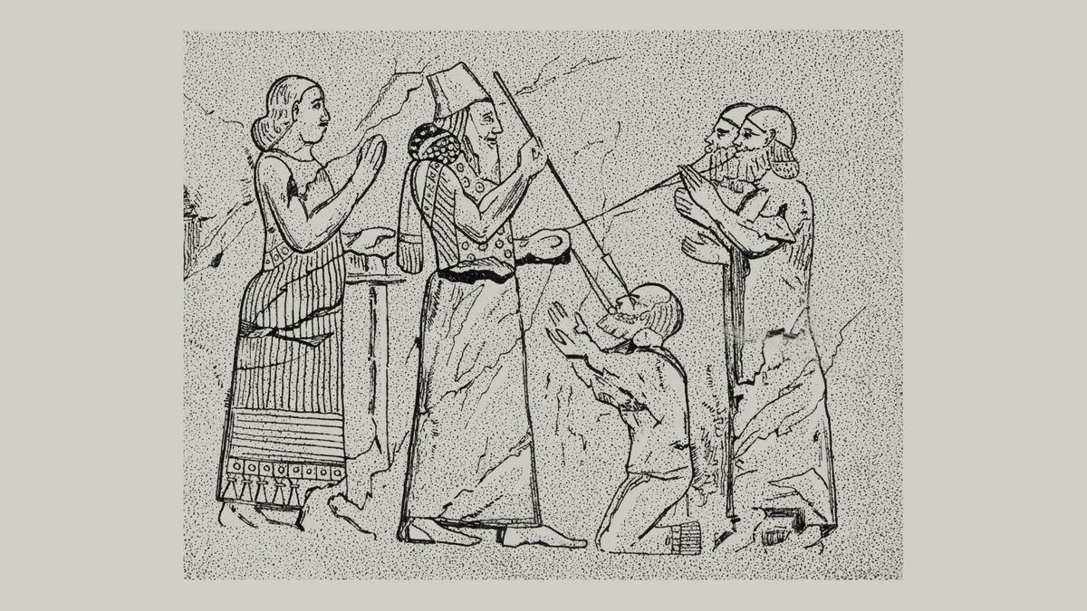 Un relieve antiguo que representa a un rey asirio sujetando con cuerdas a tres prisioneros. Las cuerdas tienen garfios enganchados en los labios de los tres. El rey deja ciego a uno de ellos con una lanza.