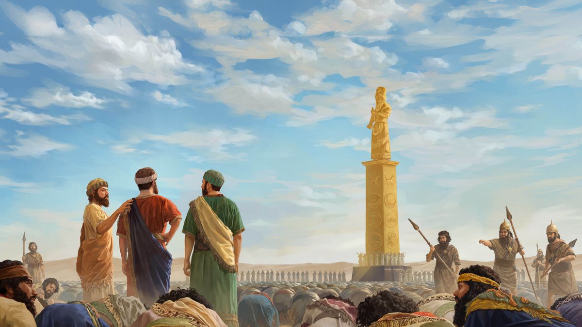 Una gran multitud está inclinada para adorar la enorme imagen de oro de Nabucodonosor. Mientras, Hananías, Misael y Azarías están de pie tranquilos. Tres guardias armados van hacia ellos.