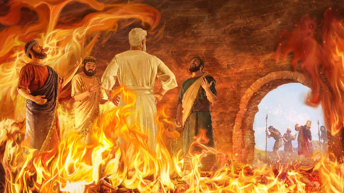 Llenos de asombro, los tres hebreos están de pie en medio del horno de fuego. Un ángel de Jehová está con ellos. Desde afuera, Nabucodonosor y sus guardias miran la escena impactados.