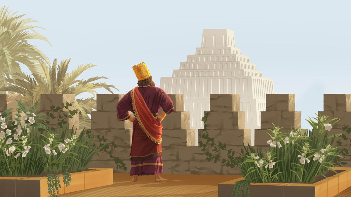 En una azotea, el rey Nabucodonosor de pie mirando a lo lejos un zigurat o templo en forma de pirámide escalonada.