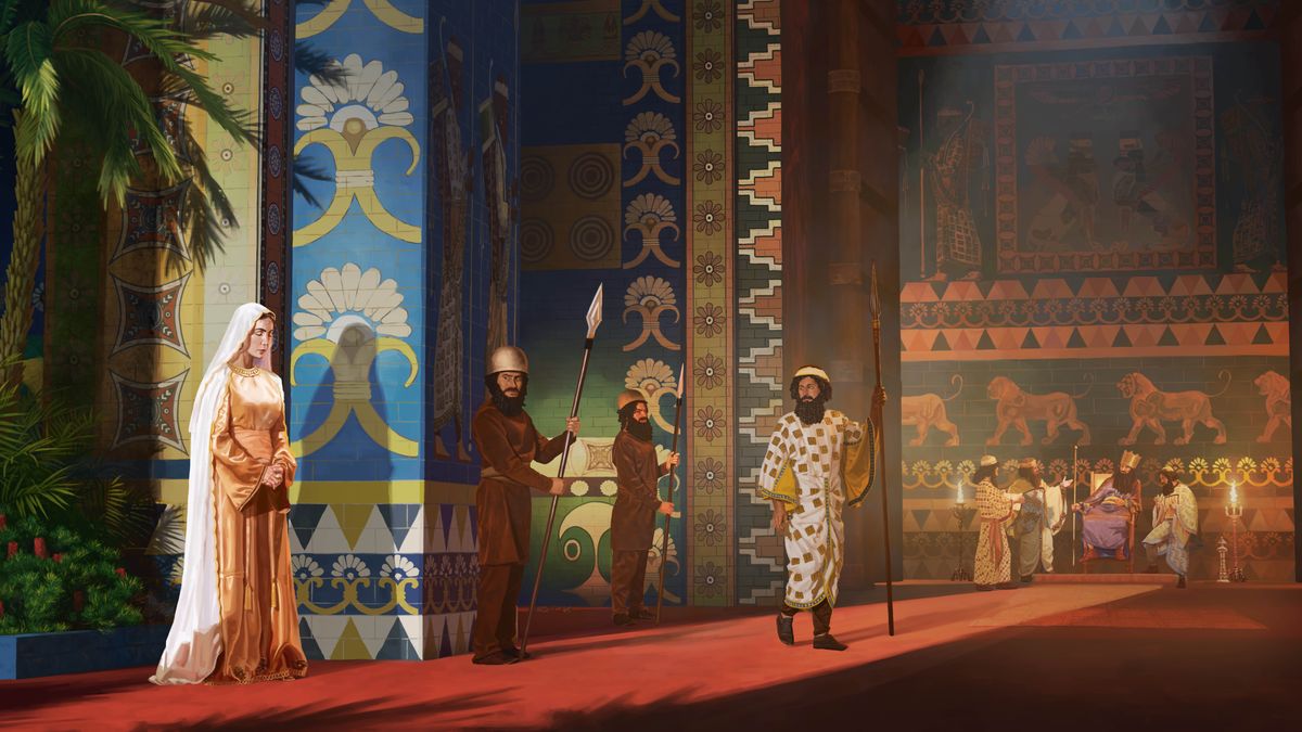A la entrada de la sala real, la reina Ester ora en silencio. Ella está de pie en un sitio donde el rey Asuero, que está sentado en su trono, no alcanza a verla. Algunos guardias la ven orando.