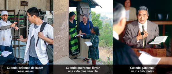 1. Un hombre rechaza una cajetilla de cigarros; 2. Una hermana predica en un país extranjero; 3. Un hermano habla ante un tribunal