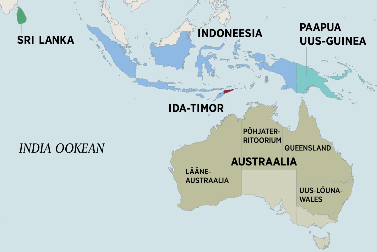 Austraalia ja selle ümberkaudsete maade kaart, kus on lisaks Austraaliale veel Sri Lanka, Indoneesia, Paapua Uus-Guinea ja Ida-Timor. Kaardil olevale Austraaliale on märgitud Põhjaterritoorium ning Lääne-Austraalia, Queenslandi ja Uus-Lõuna-Walesi osariigid.