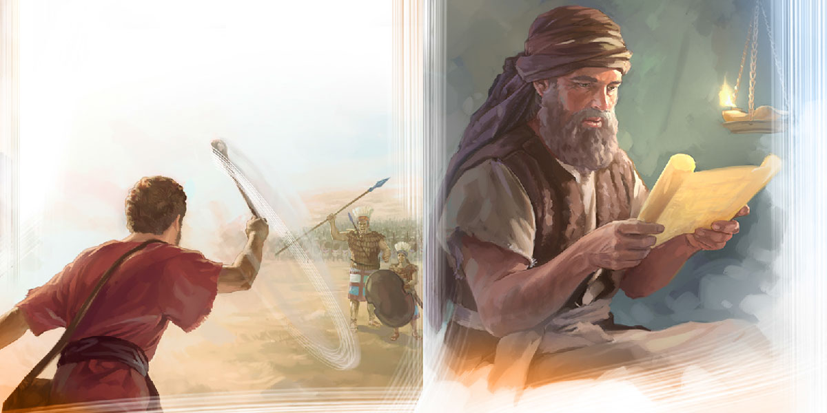 يوشَع شريعت را می‌خواند؛‏ داوود با فلاخن،‏ سنگی به سوی جُليات پرت می‌كند