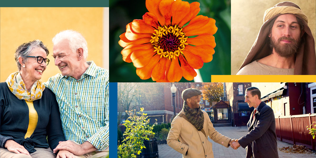 كولاژ ۱.‏ عِزرای كاهن ۲.‏ يک گل.‏ ۳.‏ دو شاهد يَهُوَه با پيشينهٔ مختلف در خدمت موعظه،‏ لبخندزنان به هم دست می‌دهند.‏ ۴.‏ زوجی مسن دست يكديگر را گرفته‌اند و به هم لبخند می‌زنند.‏