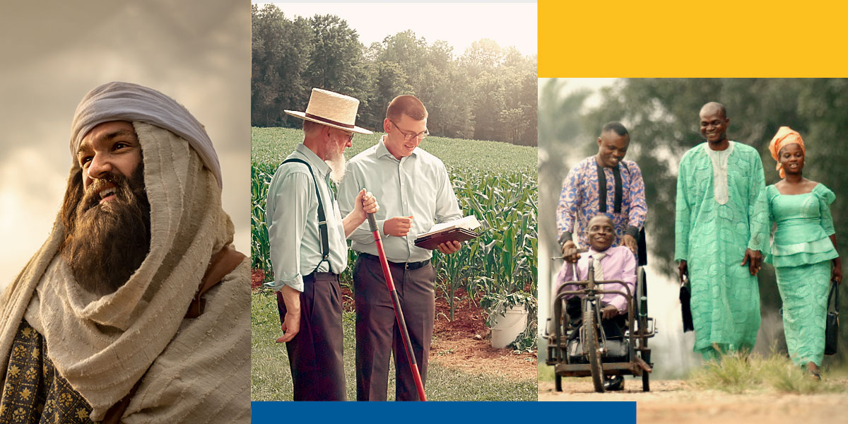 كلاژ:‏ ۱.‏ گروهی از شاهدان يَهُوَه در خدمت موعظه با هم قدم می‌زنند و لبخند بر لب دارند.‏ يكی از آن‌ها روی صندلی چرخدار است و ديگری صندلی را حركت می‌دهد.‏ ۲.‏ يكی از شاهدان يَهُوَه با مردی از فرقهٔ آميش در مورد كتاب مقدّس صحبت می‌كند.‏ ۳.‏ نِحِميا.‏