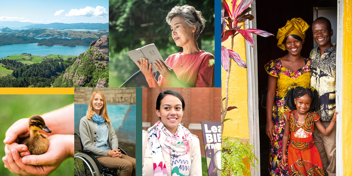 كولاژ:‏ ۱.‏ خانواده‌ای شاد ۲.‏ زنی مسن،‏ كتاب مقدّس می‌خواند.‏ ۳.‏ زنی جوان لبخند می‌زند.‏ ۴.‏ زنی جوان با لبخندی بر لب،‏ روی صندلی چرخدار نشسته است.‏ ۵.‏ تصويری از كوهستان و درياچه‌ای جلوی آن ۶.‏ كودكی با جوجه اردكی در دست.‏