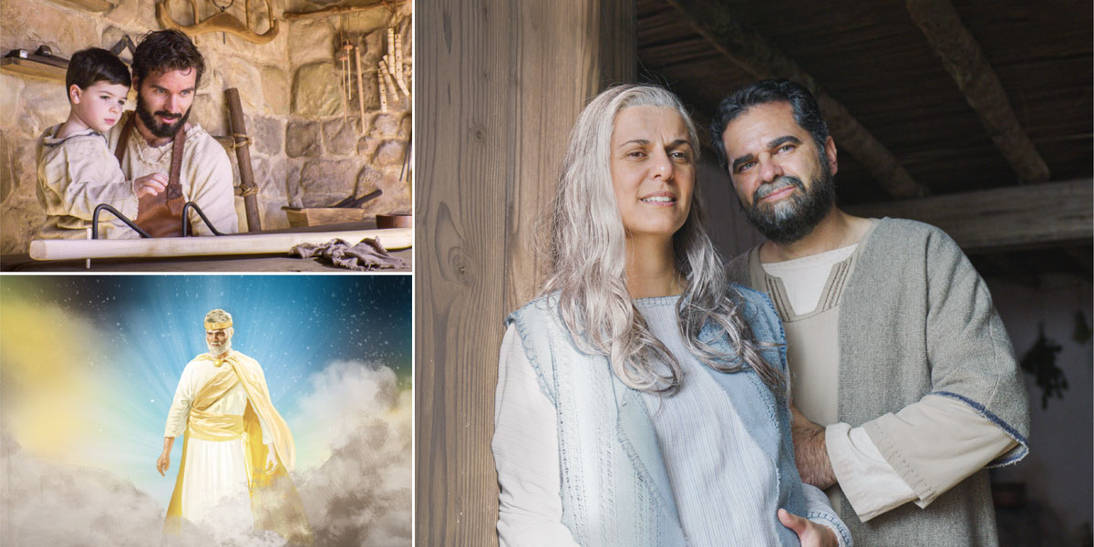 مجموعه‌ای از تصاویر:‏ گزیده‌ای از برنامهٔ روز یکشنبه.‏ ۱)‏ زَکَریا و اِلیزابِت.‏ ۲)‏ یوسِف در کارگاه نجّاری،‏ عیسی کودک را در آغوش می‌گیرد.‏ ۳)‏ عیسی از آسمان به پایین نگاه می‌کند.‏