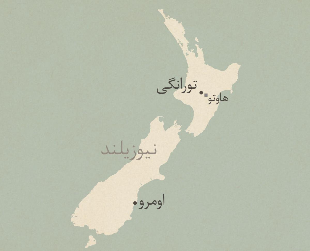 نقشهٔ نیوزیلند.‏ از شمال تا جنوب موقعیت جغرافیایی تورانگی،‏ بازداشتگاه هاوتو و شهر اومرو روی آن مشخص شده است.‏