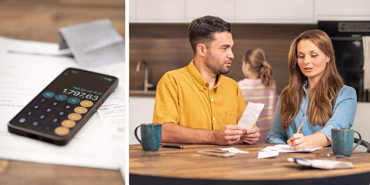 مجموعه‌ای از تصاویر:‏ ۱)‏ پدر و مادری در مورد هزینه‌های خود سر میز ناهار صحبت می‌کنند و دخترشان نزدیکشان در آشپزخانه است.‏ ۲)‏ اپلیکیشن ماشین حساب در گوشی موبایل،‏ برای حساب کردن قبض‌ها.‏