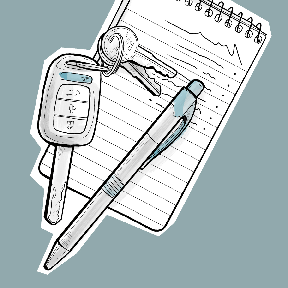 دفتر یادداشت،‏ خودکار و سوییچ ماشین.‏