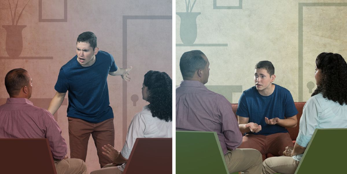 پسری نوجوان با عصبانیت با والدین خود صحبت می‌کند؛‏ پسری نوجوان با احترام با والدین خود صحبت می‌کند
