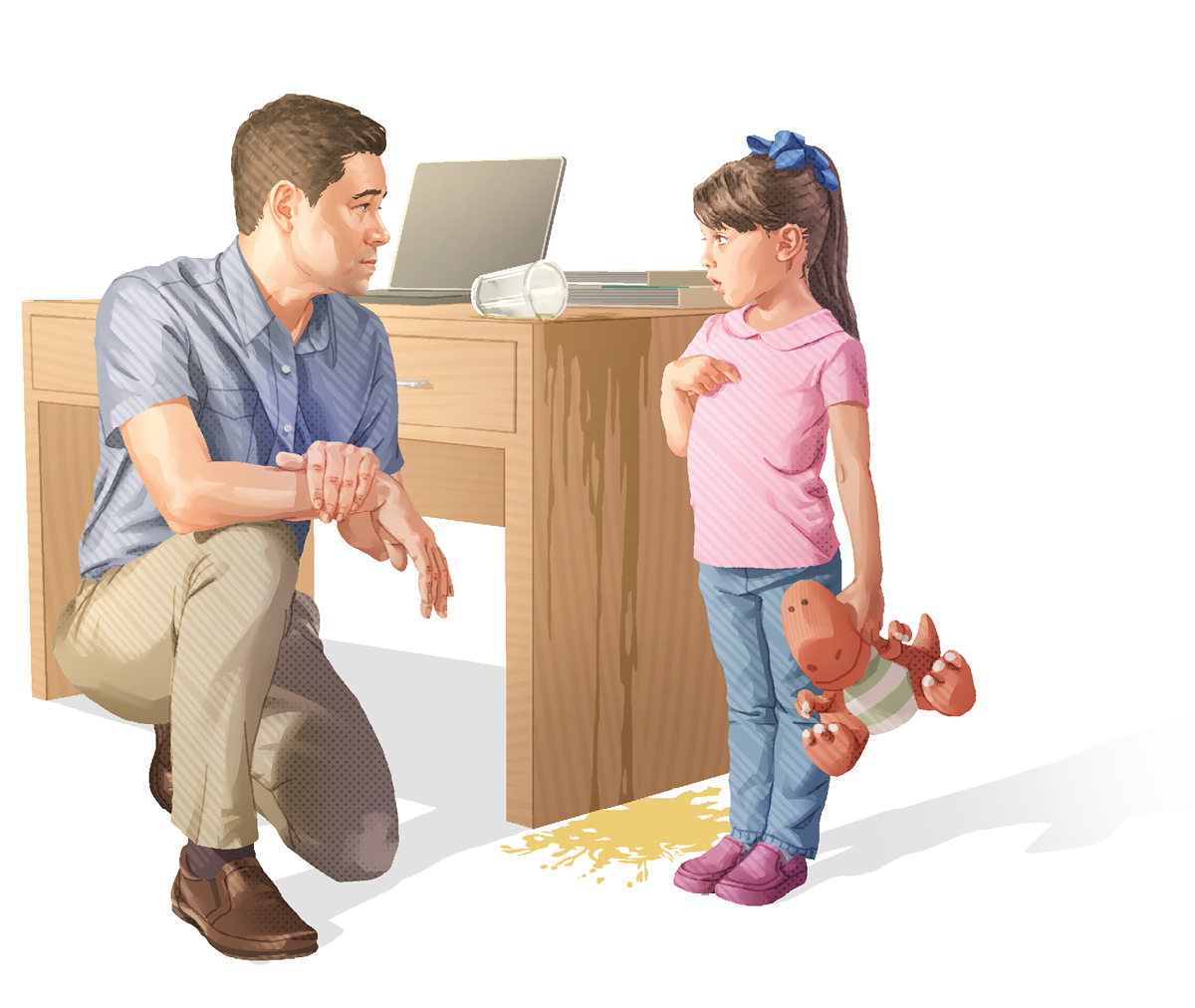 دختربچه‌ای با پدرش که کنارش زانو زده صحبت می‌کند.‏ یک لیوان آبمیوه از روی میز به زمین ریخته است.‏