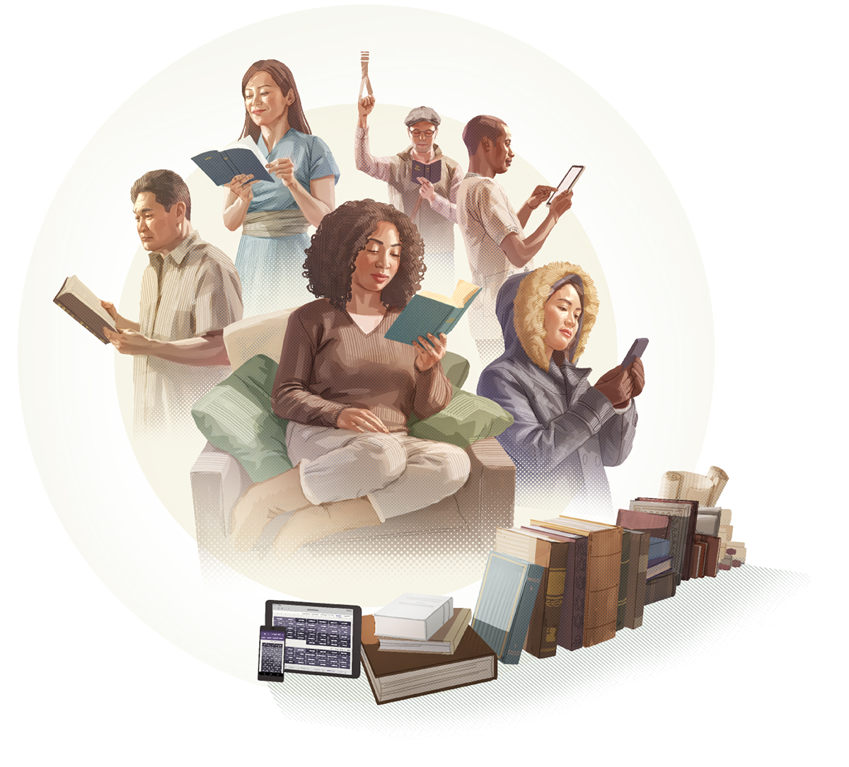 مردم از نژادها و پیشینه‌های مختلف در حال خواندن کتاب مقدّس به زبان خودشان هستند.‏