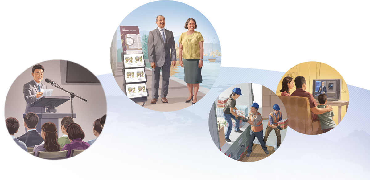 تصاویر:‏ شاهدان یَهُوَه در سراسر دنیا به راهنمایی‌های هیئت اداره‌کننده عمل می‌کنند.‏ ۱.‏ خانواده‌ای برنامهٔ تلویزیونی شاهدان یَهُوَه را تماشا می‌کنند.‏ ۲.‏ شاهدان یَهُوَه برای کار امدادرسانی داوطلب شده‌اند و کالاهای امدادی را در یک کامیون می‌گذارند.‏ ۳.‏ دو شاهد یَهُوَه در کنار چرخ‌دستی موعظه می‌کنند.‏ ۴.‏ یک پیر جماعت نامه‌ای برای جماعت می‌خواند.‏