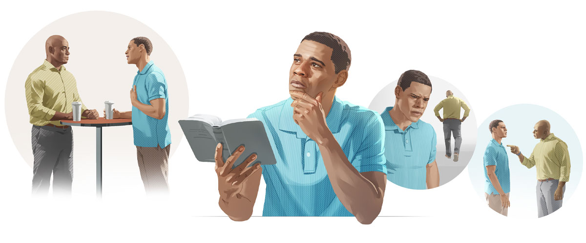 تصاویر:‏ برادری با هم‌ایمانش آشتی می‌کند.‏ ۱.‏ برادری با او بد صحبت می‌کند.‏ ۲.‏ او به آن جریان فکر می‌کند.‏ ۳.‏ او به توصیه‌های کتاب مقدّس فکر می‌کند.‏ ۴.‏ او با آن برادر قهوه می‌خورد و با او آشتی می‌کند.‏