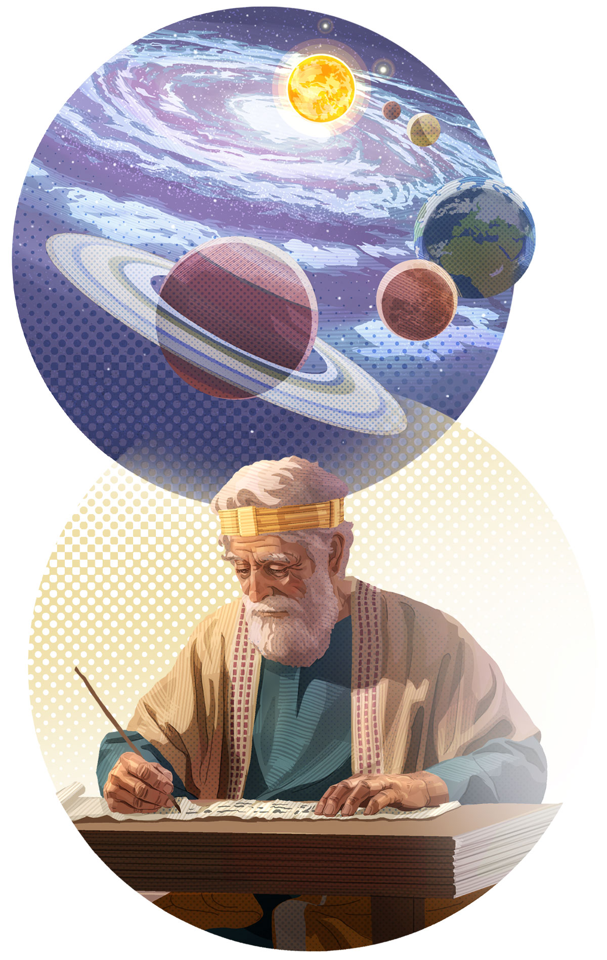 تصاویری از کارهایی که توسط روح‌القدس انجام شده است:‏ ۱.‏ سیّارات و عالم هستی.‏ ۲.‏ یکی از نویسندگان کتاب مقدّس افکار خدا را روی طوماری می‌نویسد.‏