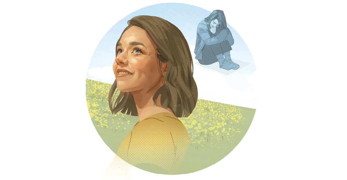 زنی که افسرده بود،‏ حالا از خوشحالی لبخند می‌زند.‏