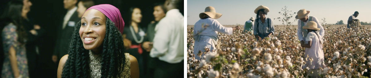 صحنه‌هایی از ویدیوی رافیکا موریس—‏می‌خواستم با بی‌عدالتی بجنگم:‏ ۱.‏ رافیکا در دوران کودکی همراه با هم‌نژادهایش در حال پنبه‌چینی است.‏ ۲)‏ رافیکا وقتی برای اولین بار در یکی از کنگره‌های شاهدان یَهُوَه شرکت می‌کند از دیدن افرادی با نژادهای مختلف خیلی خوشحال می‌شود.‏